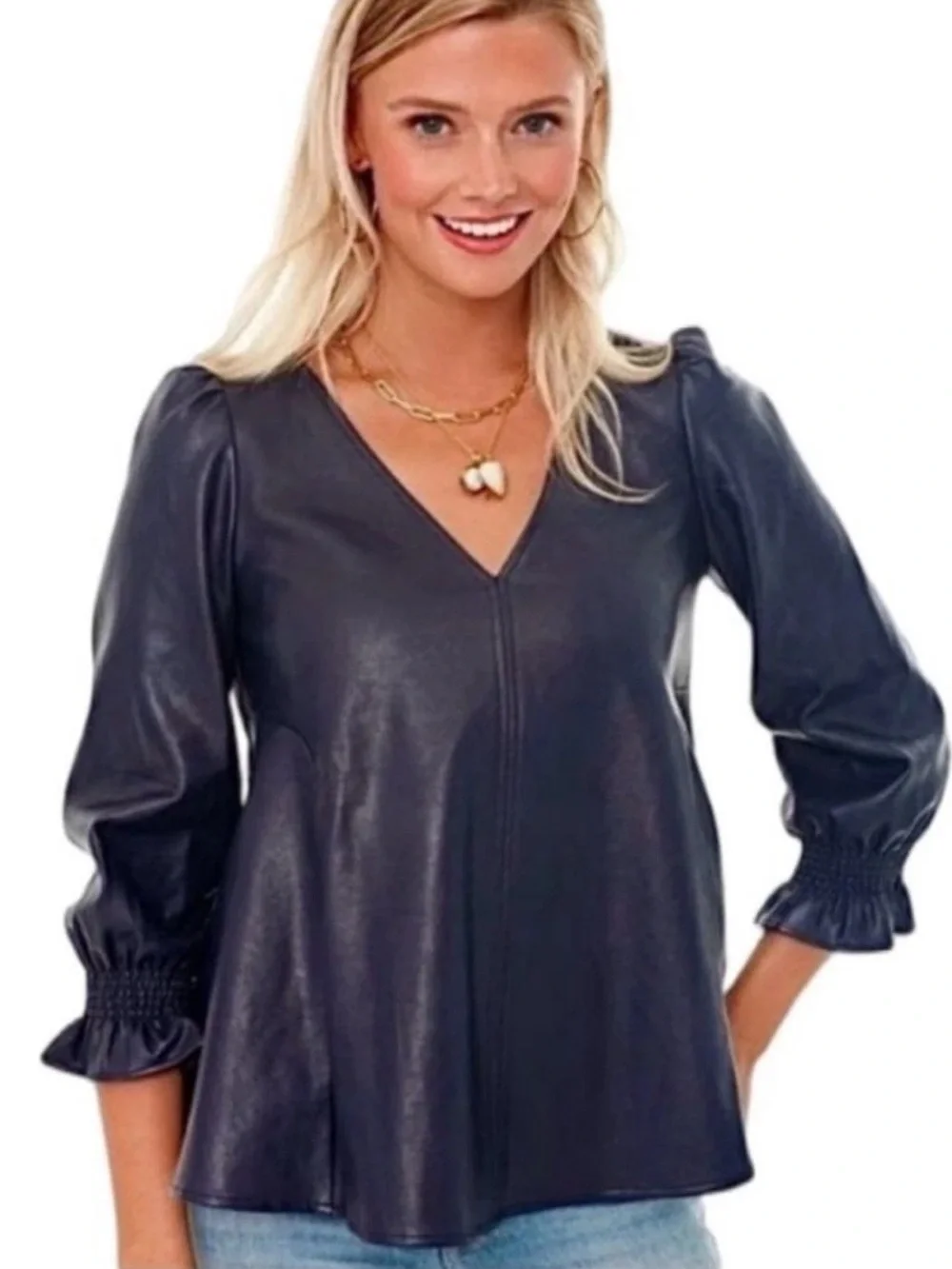 Tuckernuck Black Faux Leather V-Neck Puff Sleeve Blouse. S